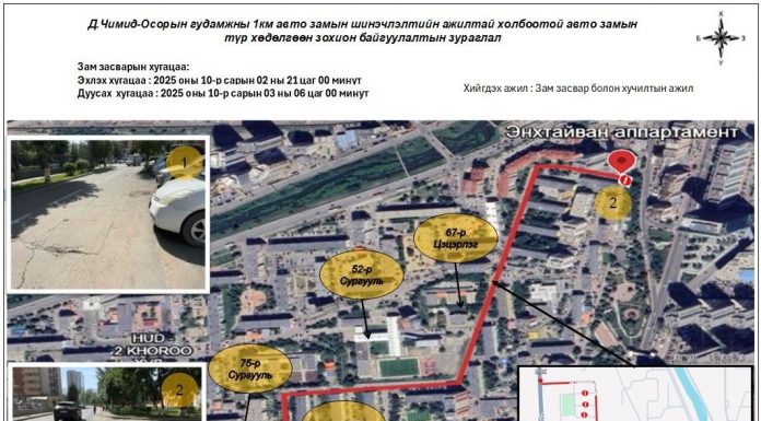 НЕБ-ын 75 дугаар сургуулийн зүүн уулзвараас Энхтайван хотхон хүртэлх замыг хааж, шинэчилнэ