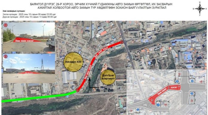 Хөсөг трейдээс Ажилчны гудамжны уулзвар хүртэлх замыг хааж засна